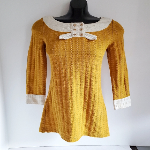 ANTHROPOLOGIE Pilcro & The Letterpress Waffle Knit Bow Mustard Top XS - Picture 4 of 12